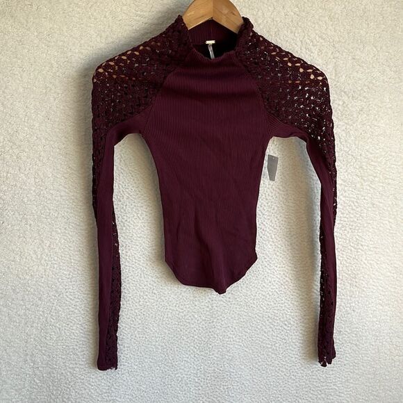 Free People Shirt Womens XS Clementine Ribbed Mixed Media Burgundy Top - Picture 2 of 8